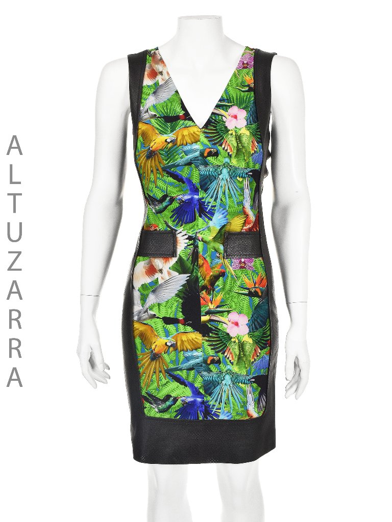 Altuzarra Tropical Print Silk And Perforated Leather Dress, Sz Xs